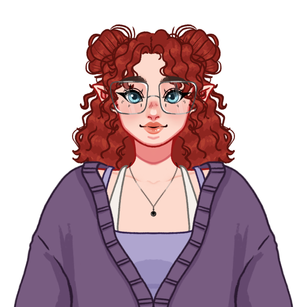 A cute illustration portrait of the blog owner, a feminine figure with pale skin, red curly hair and a cozy purple-themed wardrobe.